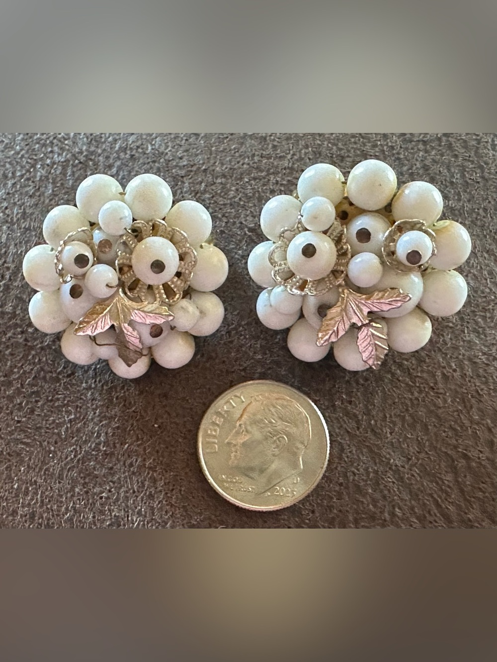 Vintage White Bead Cluster Clip-On Earrings